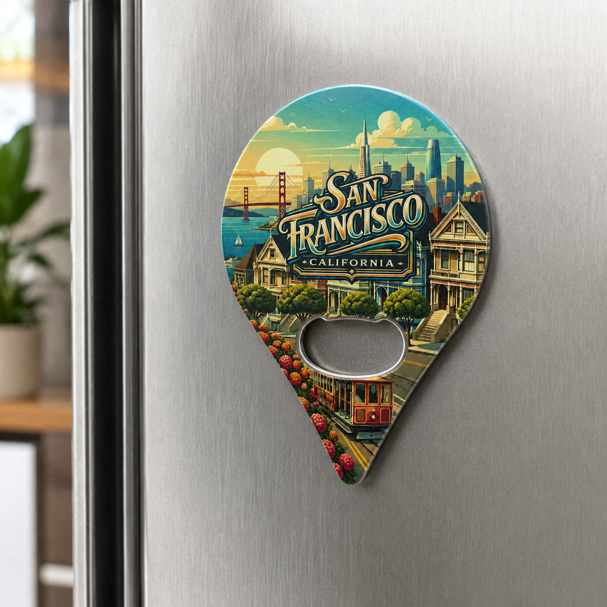 San Francisco souvenir bottle opener magnet displayed on a refrigerator