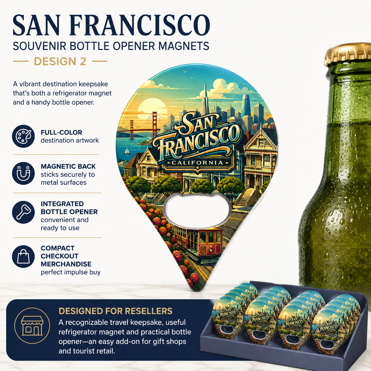 San Francisco souvenir bottle opener magnet features infographic