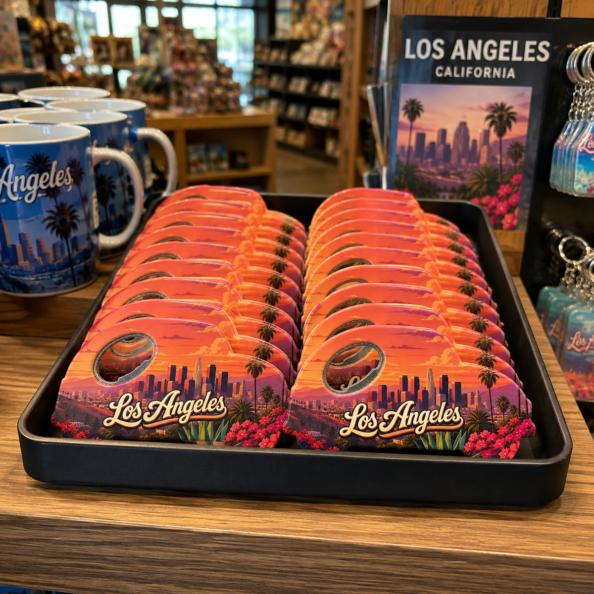 Los Angeles souvenir bottle opener magnet in a retail lifestyle setting