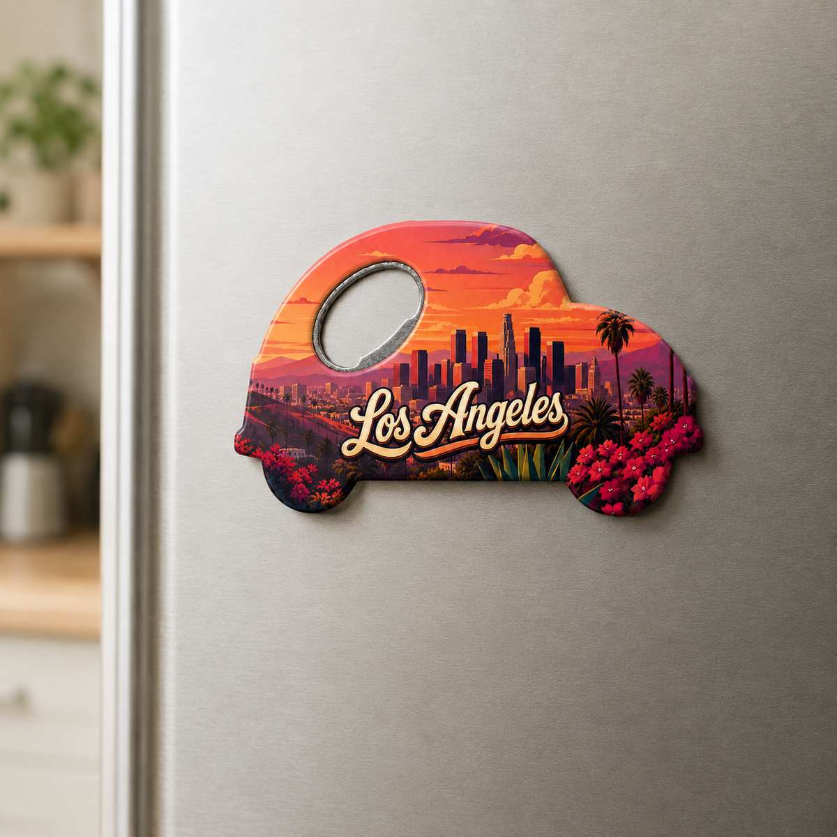 Los Angeles souvenir bottle opener magnet displayed on a refrigerator