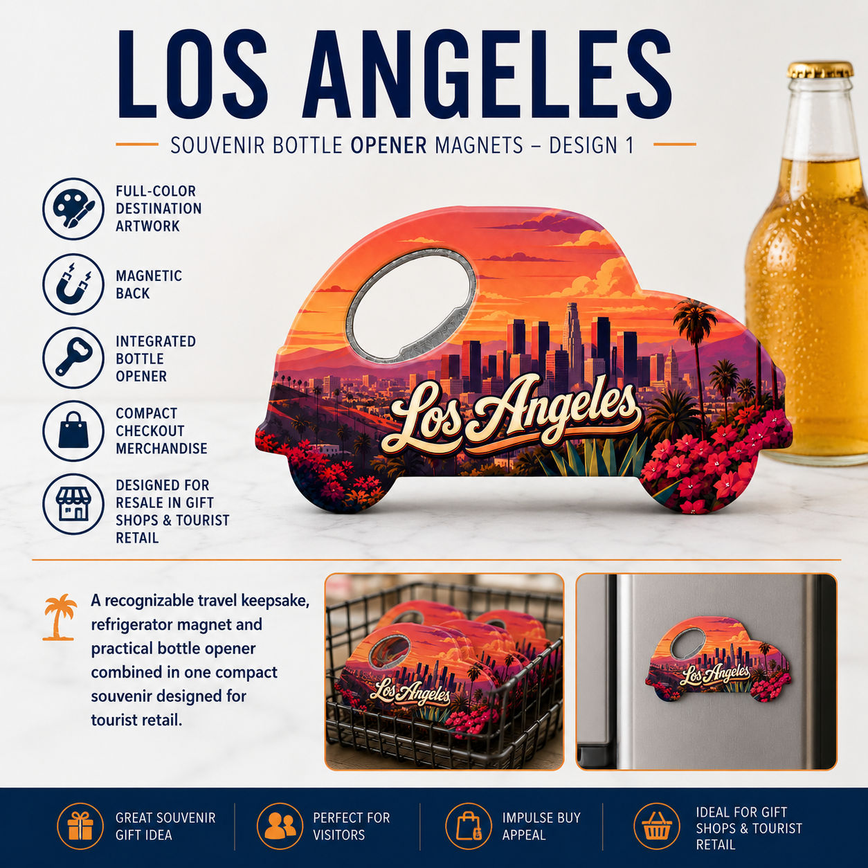 Los Angeles souvenir bottle opener magnet features infographic
