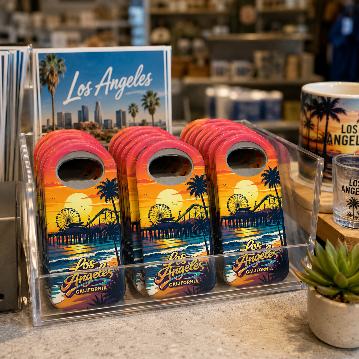 Los Angeles souvenir bottle opener magnet in a retail lifestyle setting