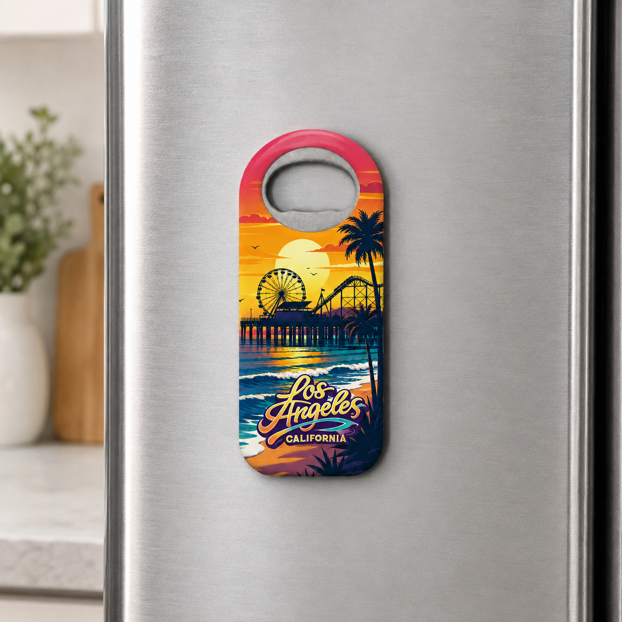Los Angeles souvenir bottle opener magnet displayed on a refrigerator