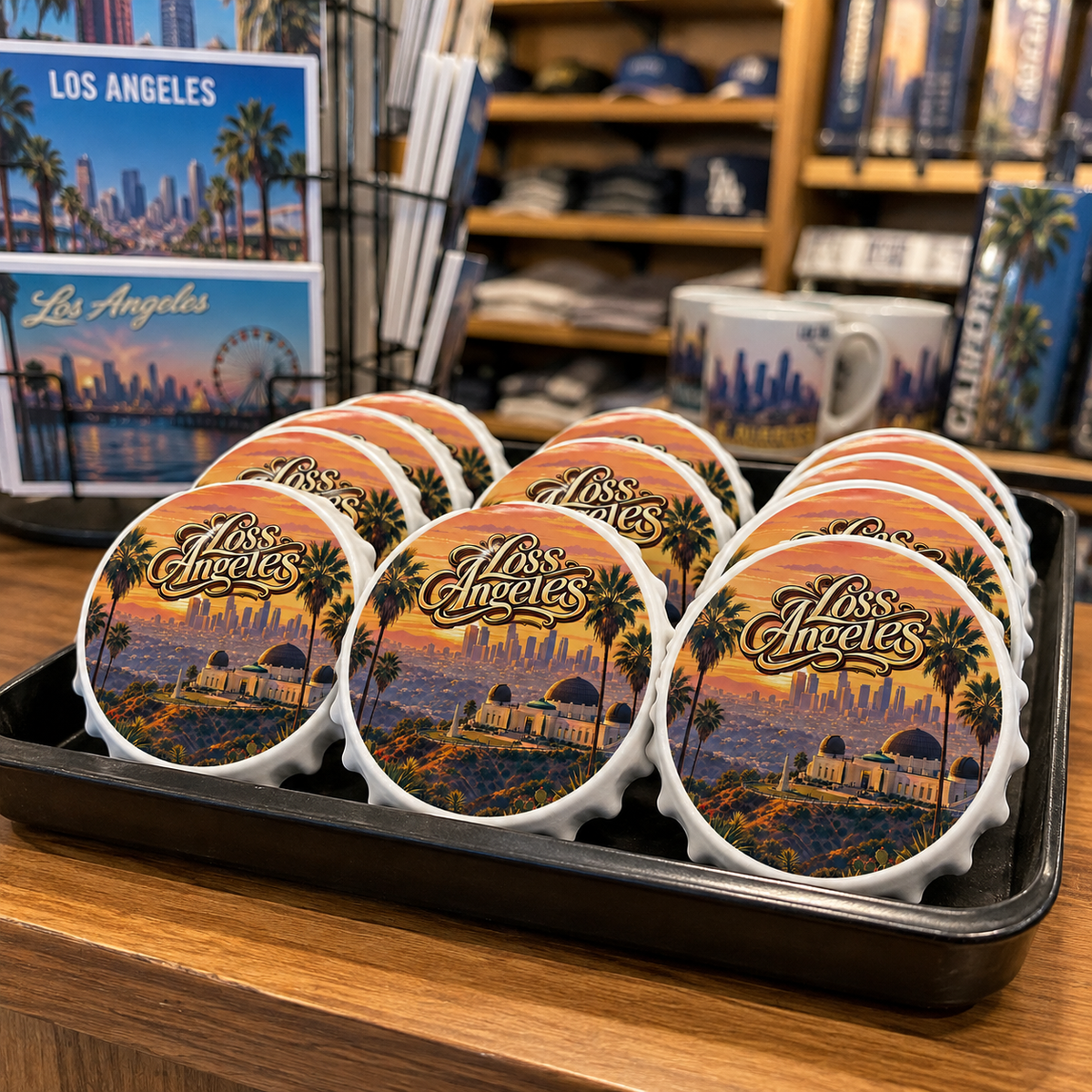 Los Angeles souvenir bottle opener magnet in a retail lifestyle setting