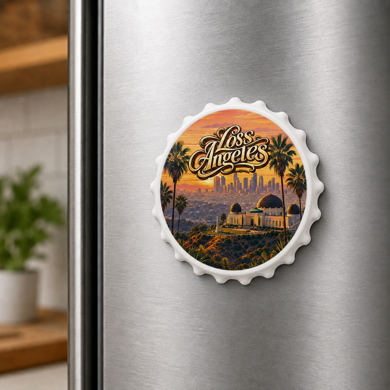 Los Angeles souvenir bottle opener magnet displayed on a refrigerator