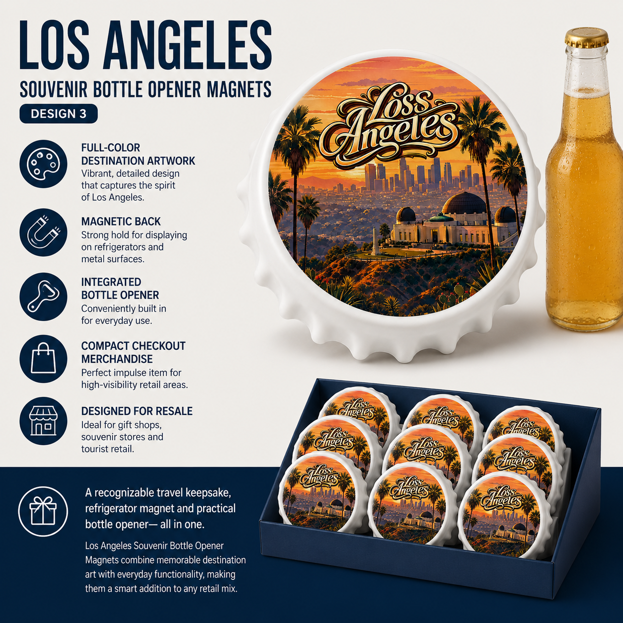 Los Angeles souvenir bottle opener magnet features infographic
