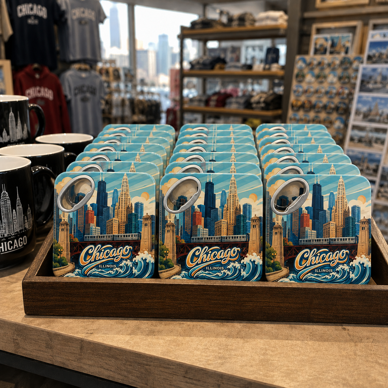Chicago souvenir bottle opener magnet in a retail lifestyle setting