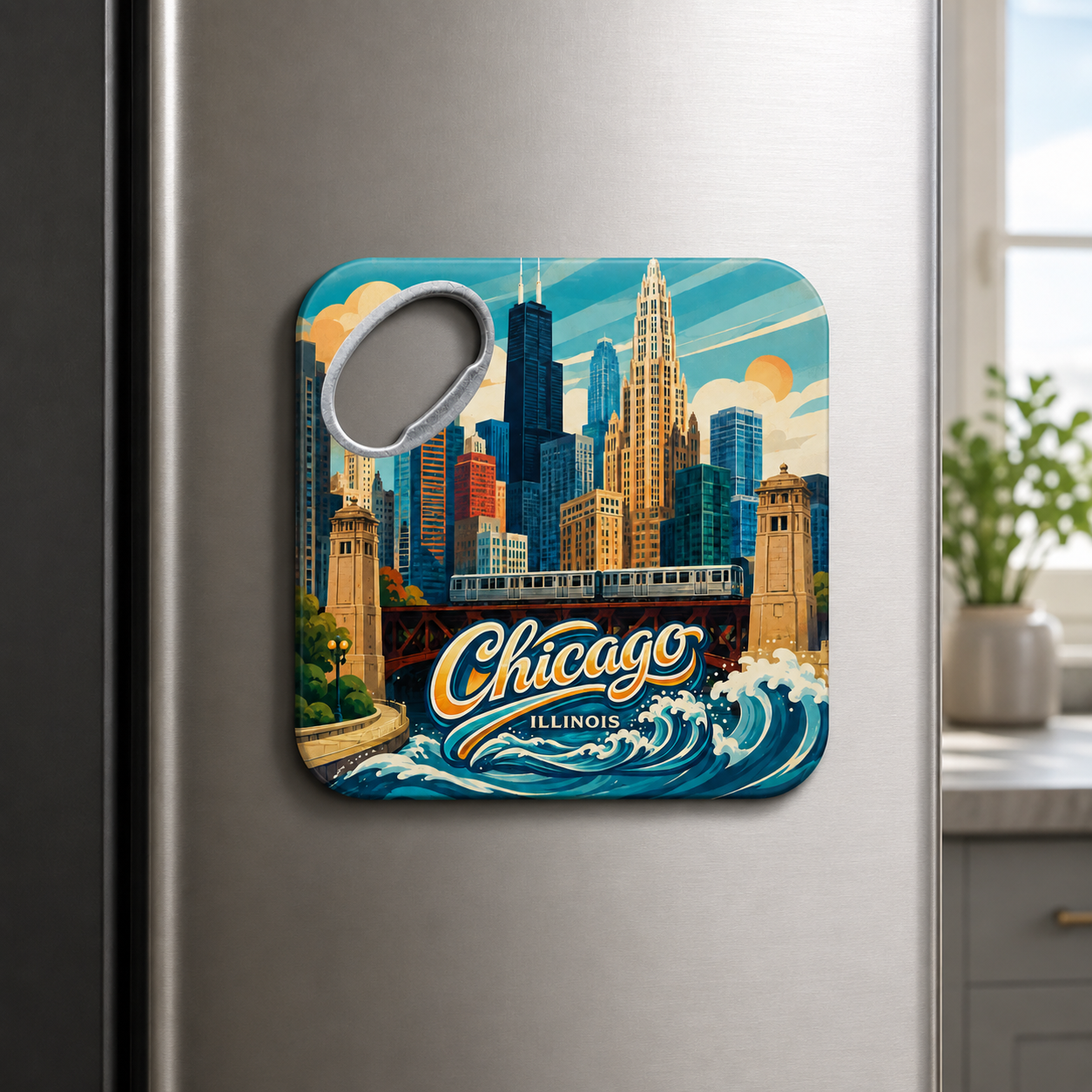 Chicago souvenir bottle opener magnet displayed on a refrigerator