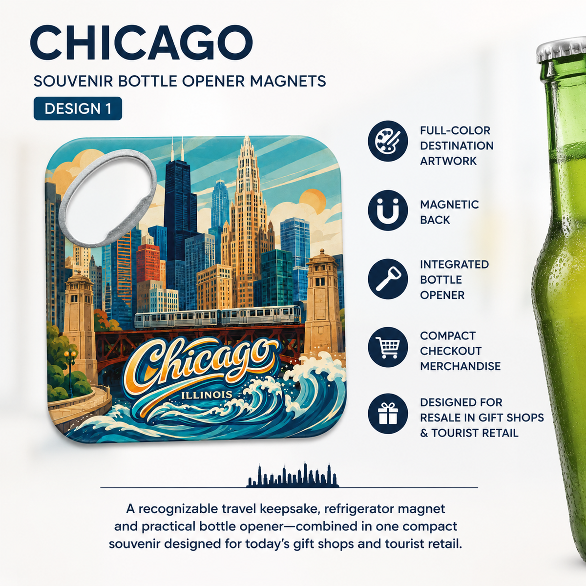Chicago souvenir bottle opener magnet features infographic