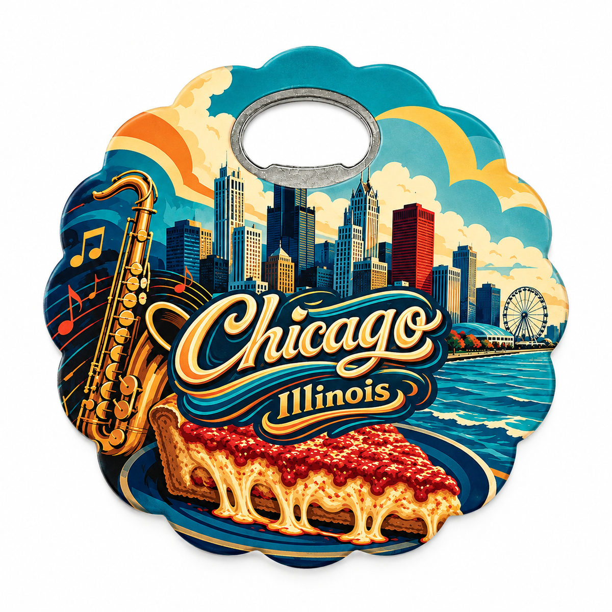 Chicago Pizza & Jazz Souvenir Bottle Opener Magnets product view