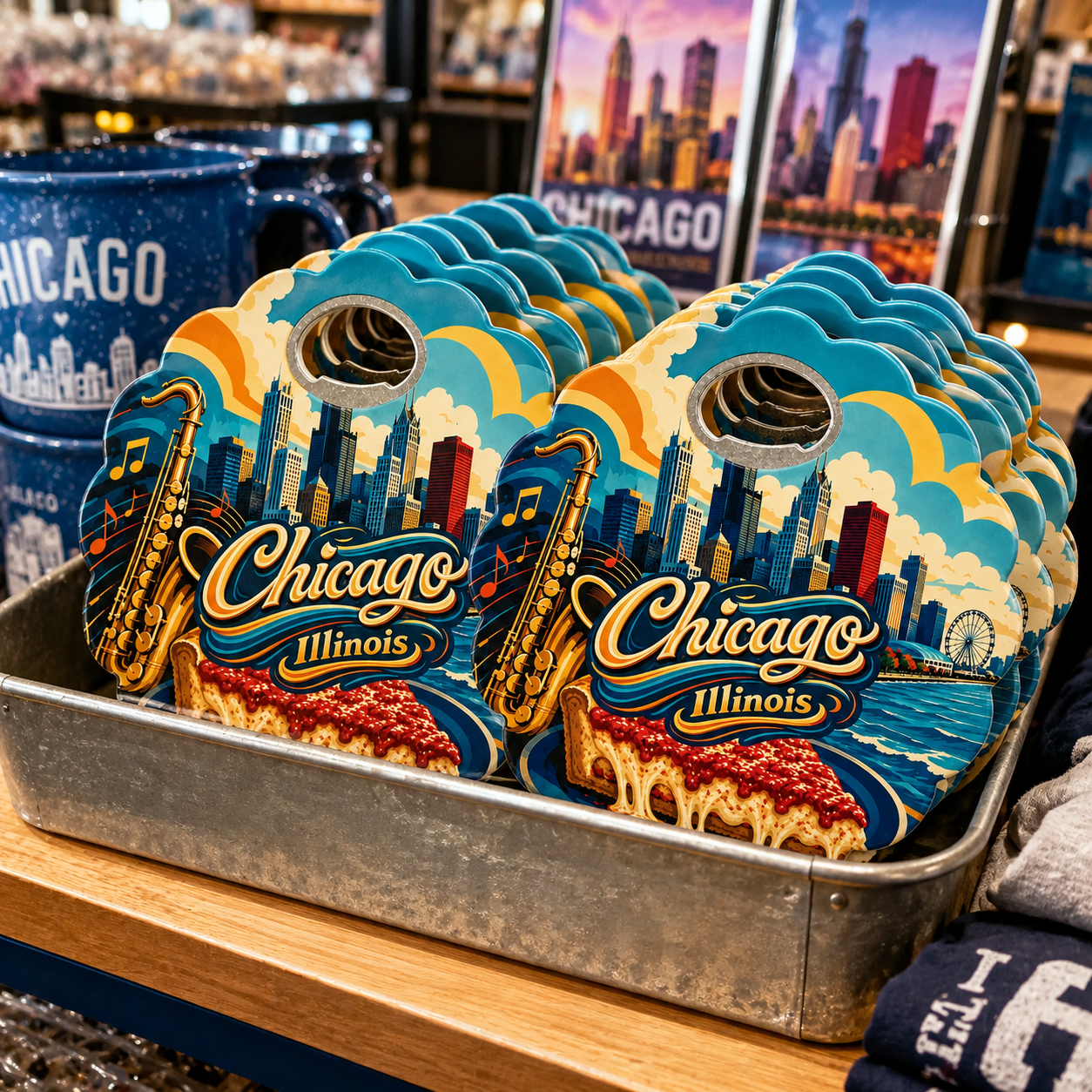 Chicago souvenir bottle opener magnet in a retail lifestyle setting