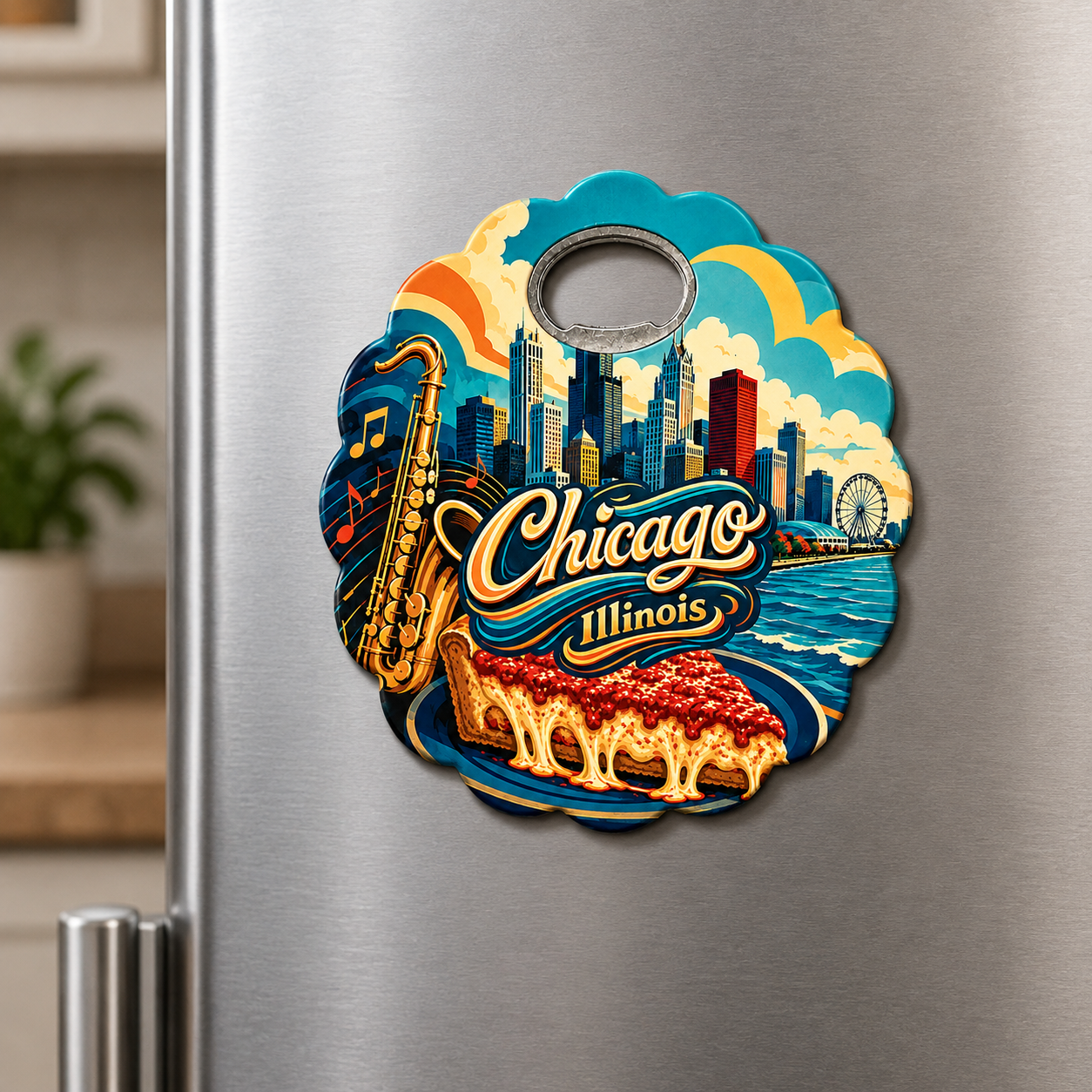 Chicago souvenir bottle opener magnet displayed on a refrigerator