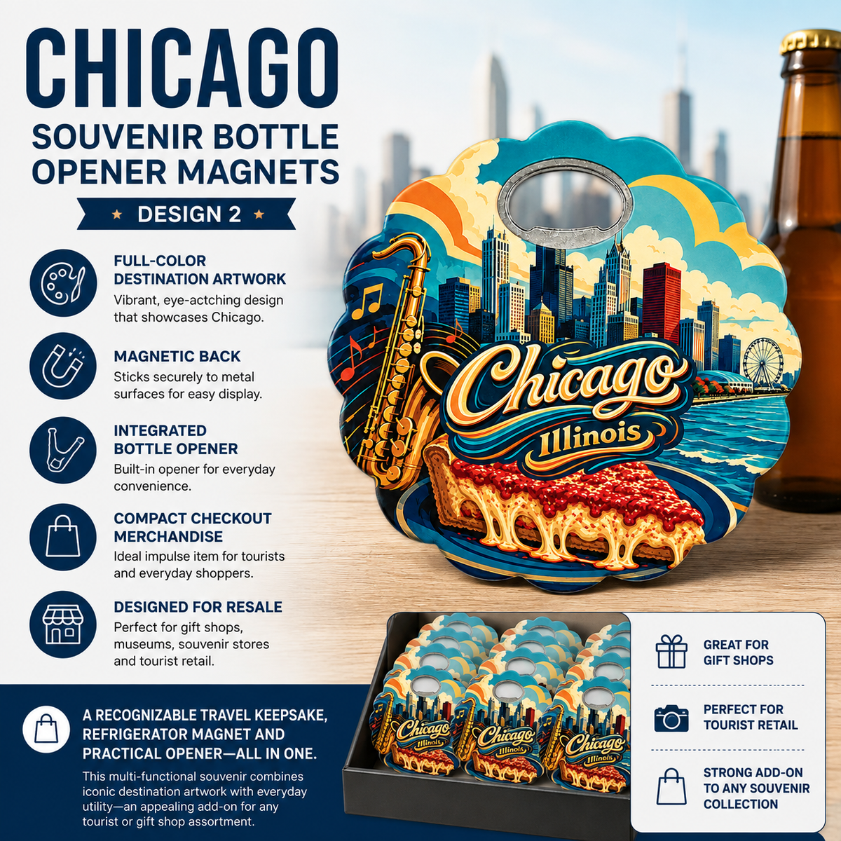 Chicago souvenir bottle opener magnet features infographic