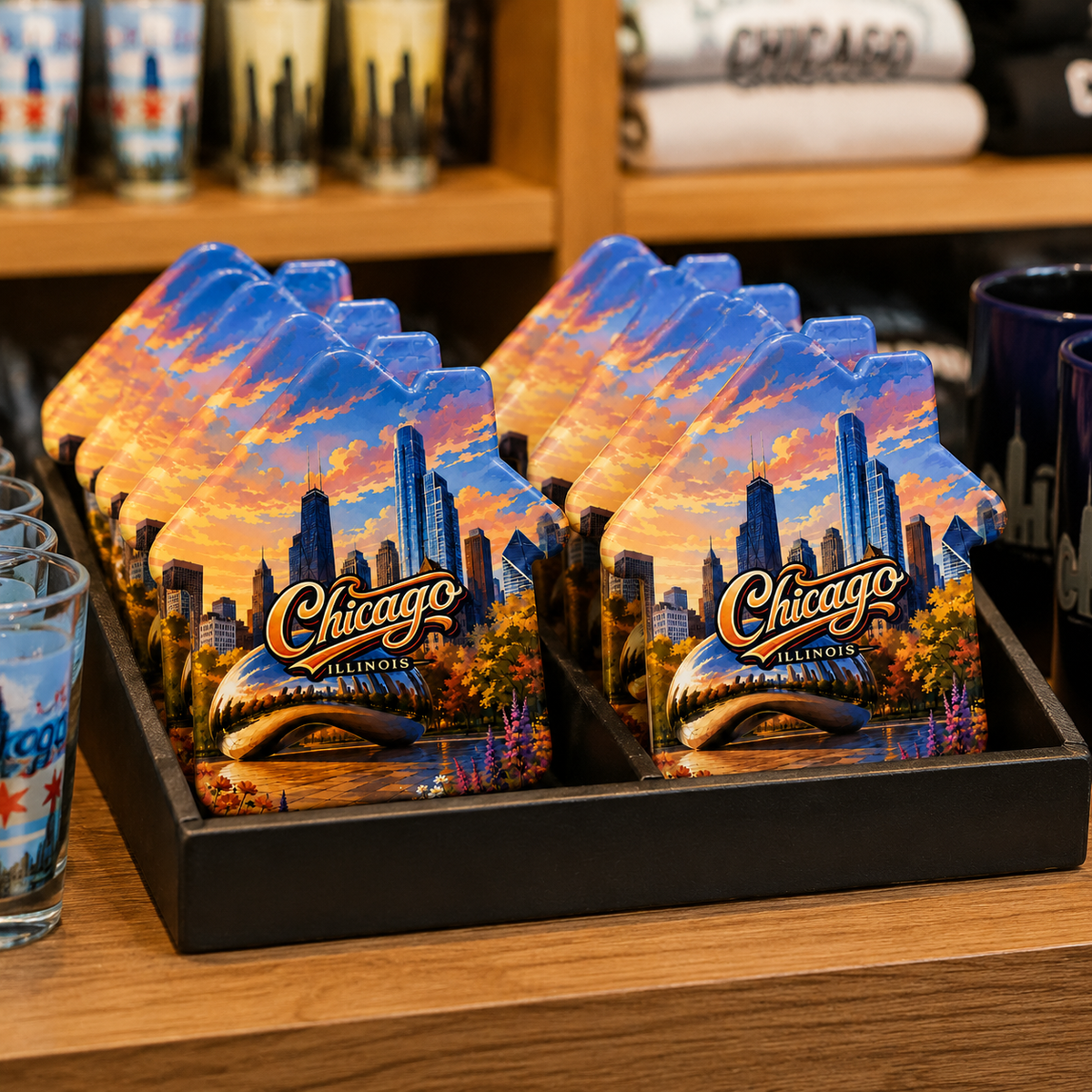 Chicago souvenir bottle opener magnet in a retail lifestyle setting