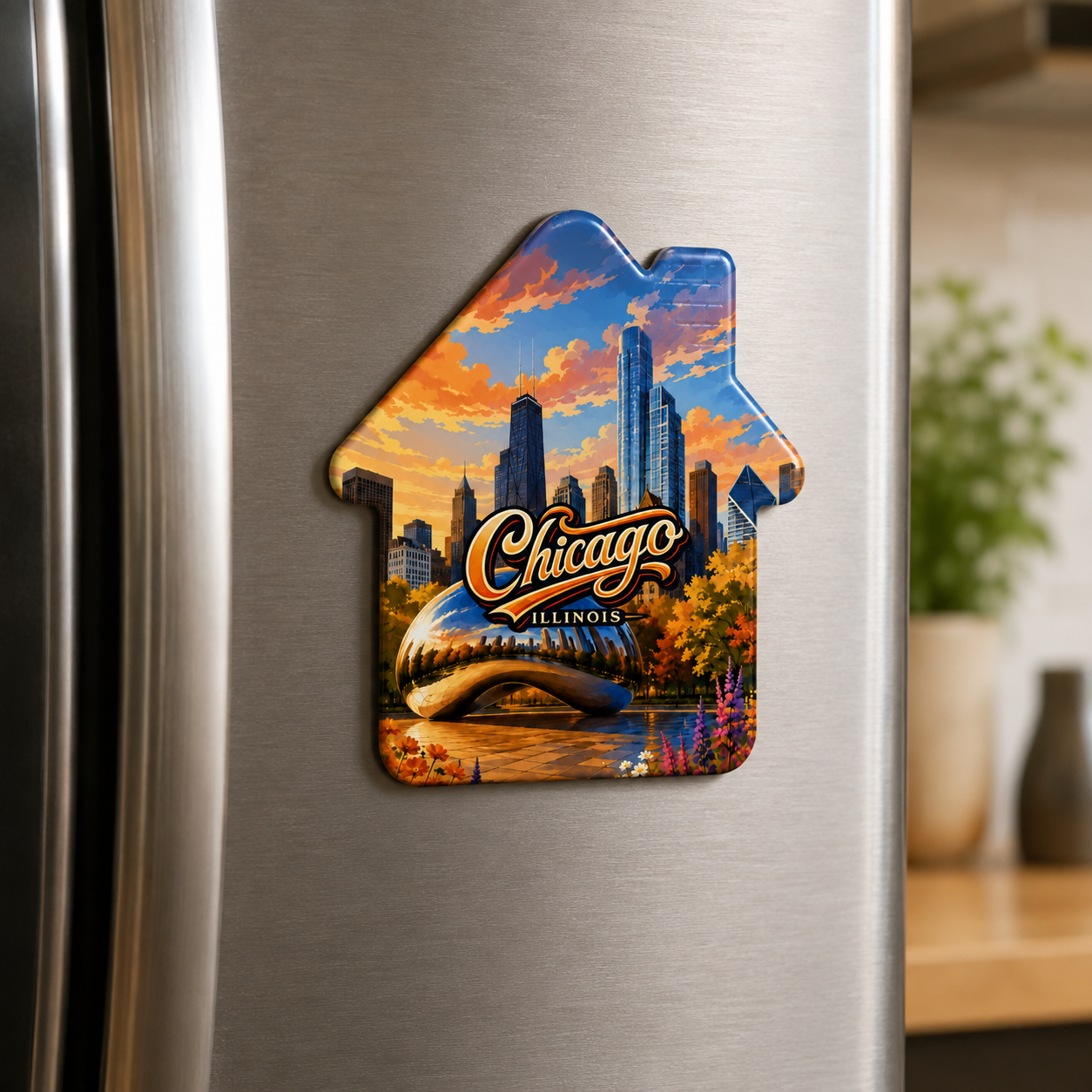 Chicago souvenir bottle opener magnet displayed on a refrigerator