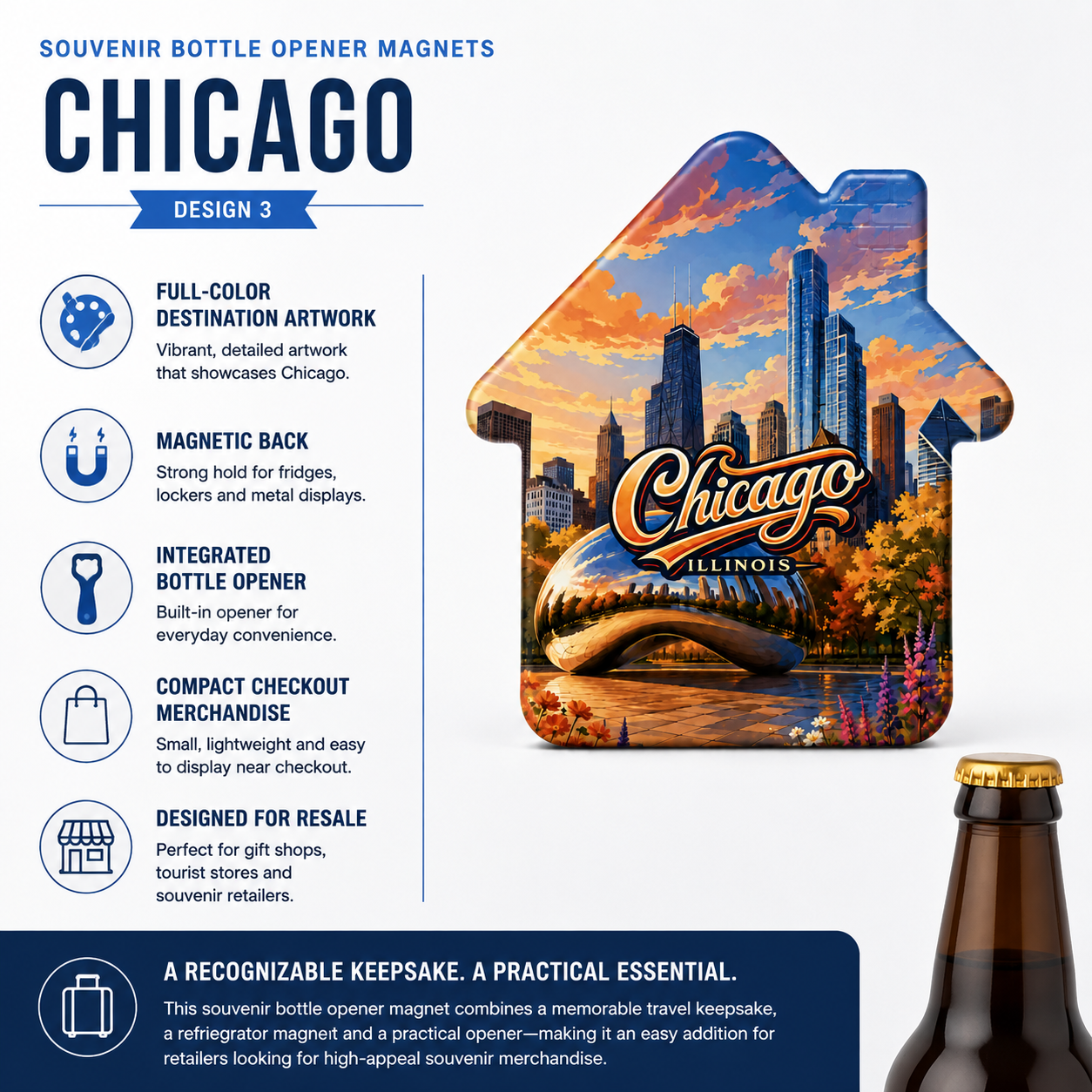 Chicago souvenir bottle opener magnet features infographic