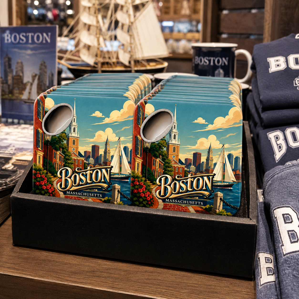 Boston souvenir bottle opener magnet in a retail lifestyle setting