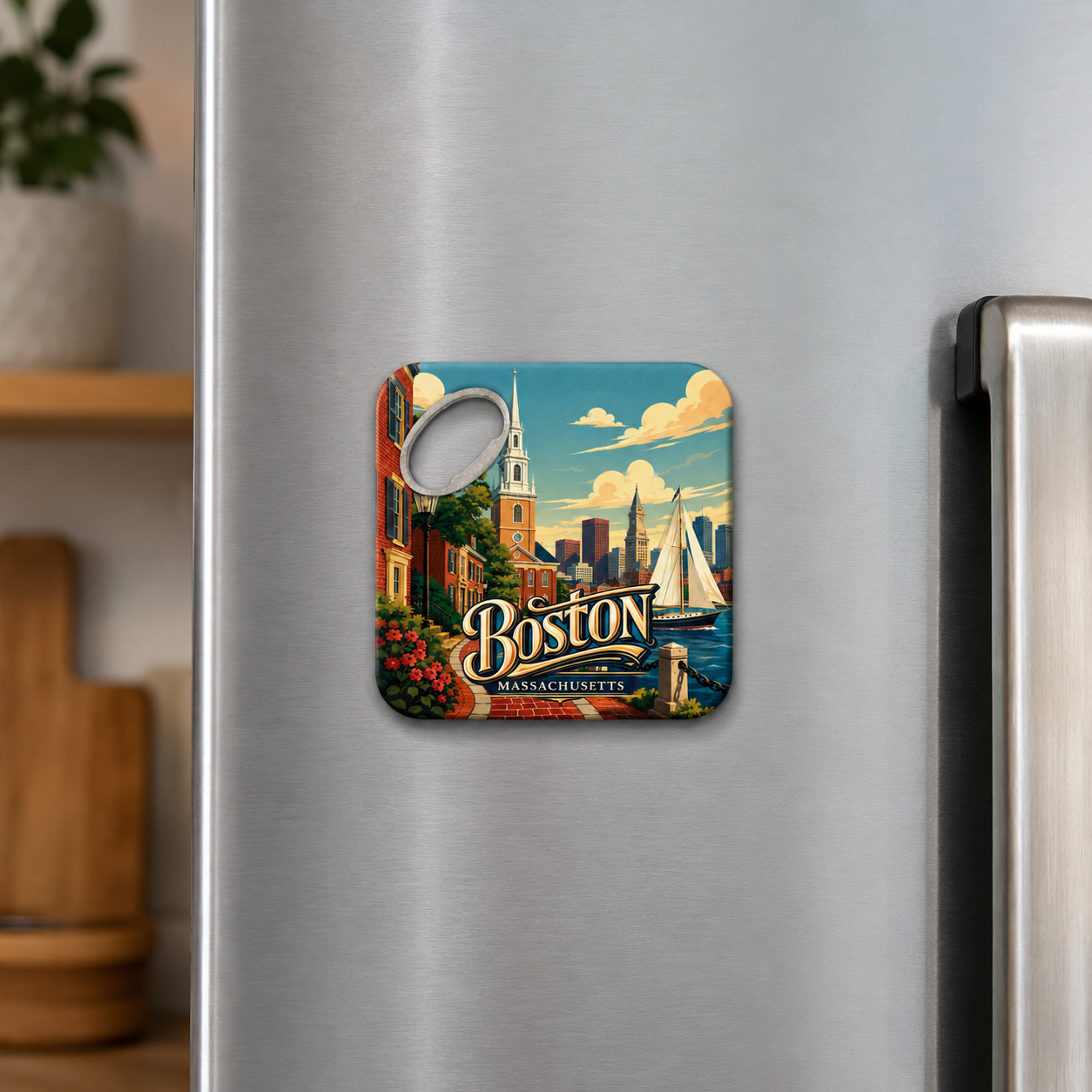 Boston souvenir bottle opener magnet displayed on a refrigerator