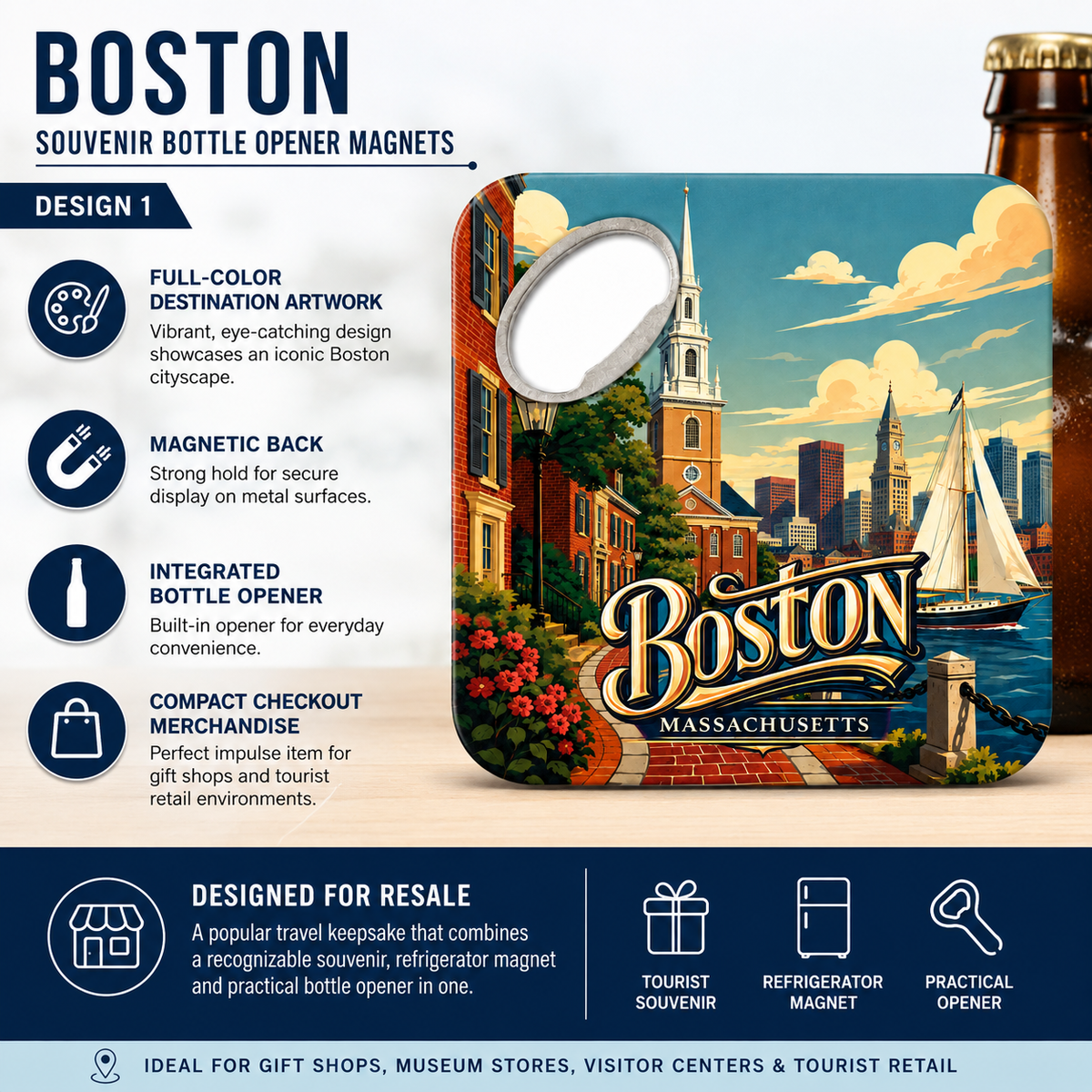 Boston souvenir bottle opener magnet features infographic