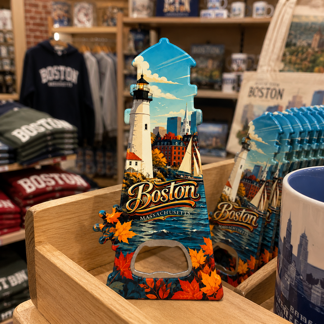 Boston souvenir bottle opener magnet in a retail lifestyle setting