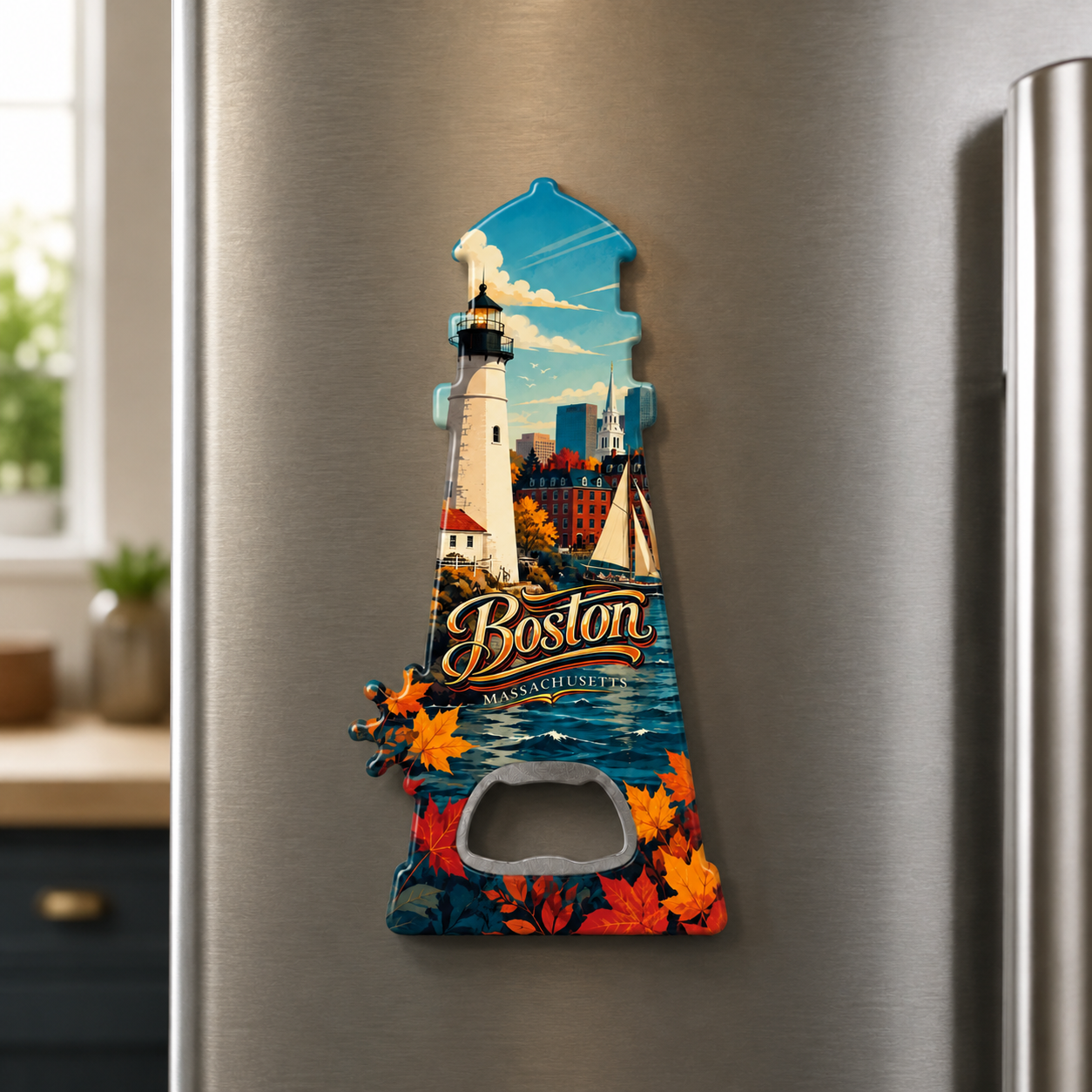 Boston souvenir bottle opener magnet displayed on a refrigerator