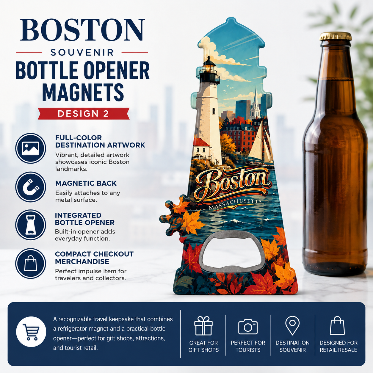 Boston souvenir bottle opener magnet features infographic