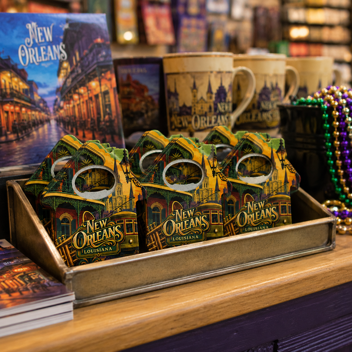 New Orleans souvenir bottle opener magnet in a retail lifestyle setting