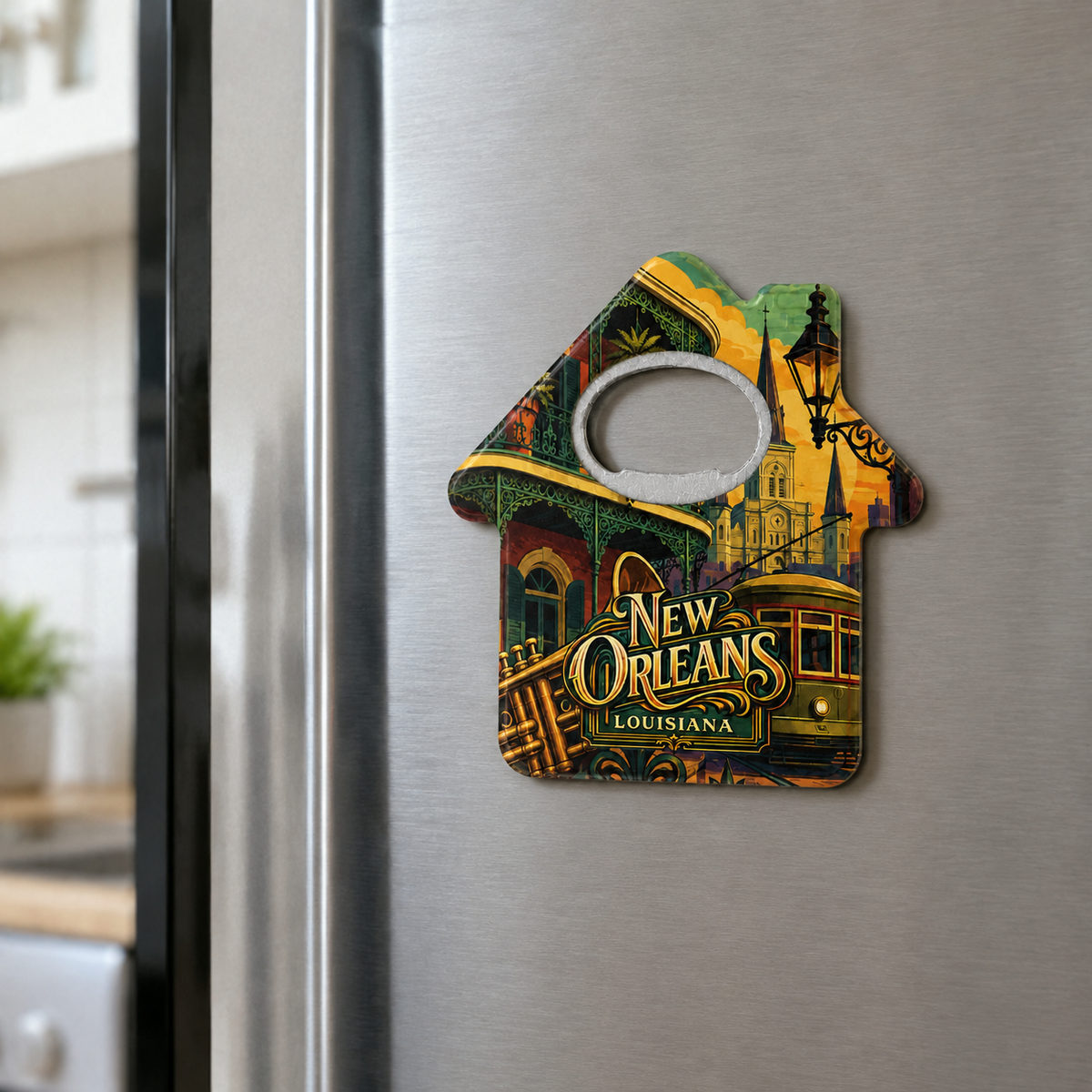 New Orleans souvenir bottle opener magnet displayed on a refrigerator