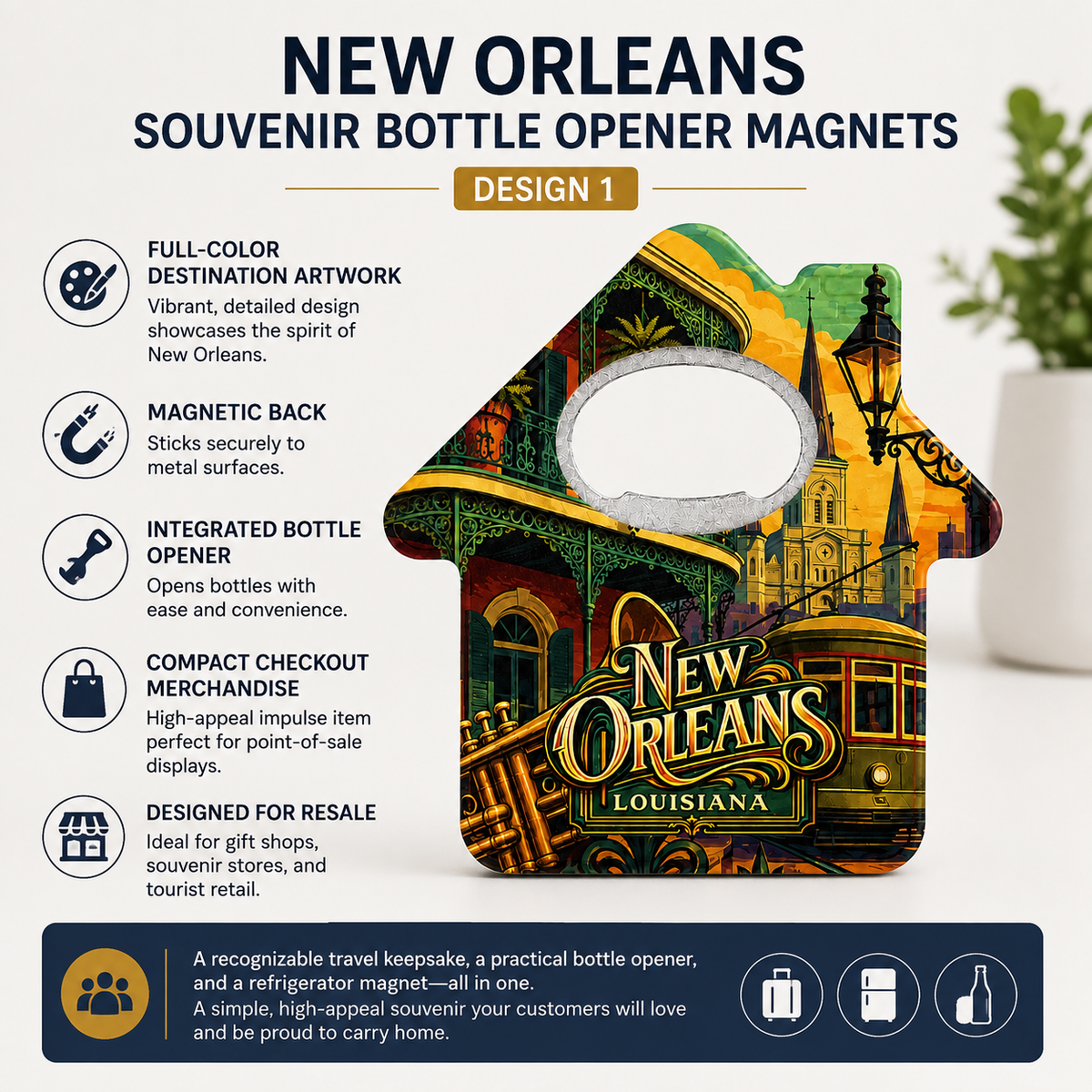 New Orleans souvenir bottle opener magnet features infographic