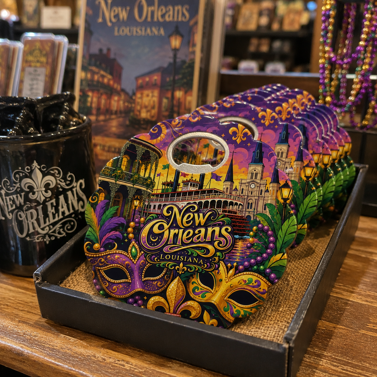 New Orleans souvenir bottle opener magnet in a retail lifestyle setting
