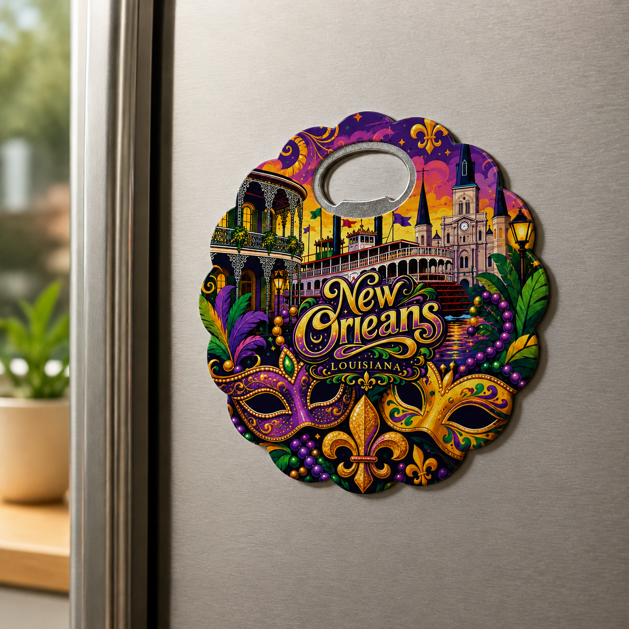 New Orleans souvenir bottle opener magnet displayed on a refrigerator