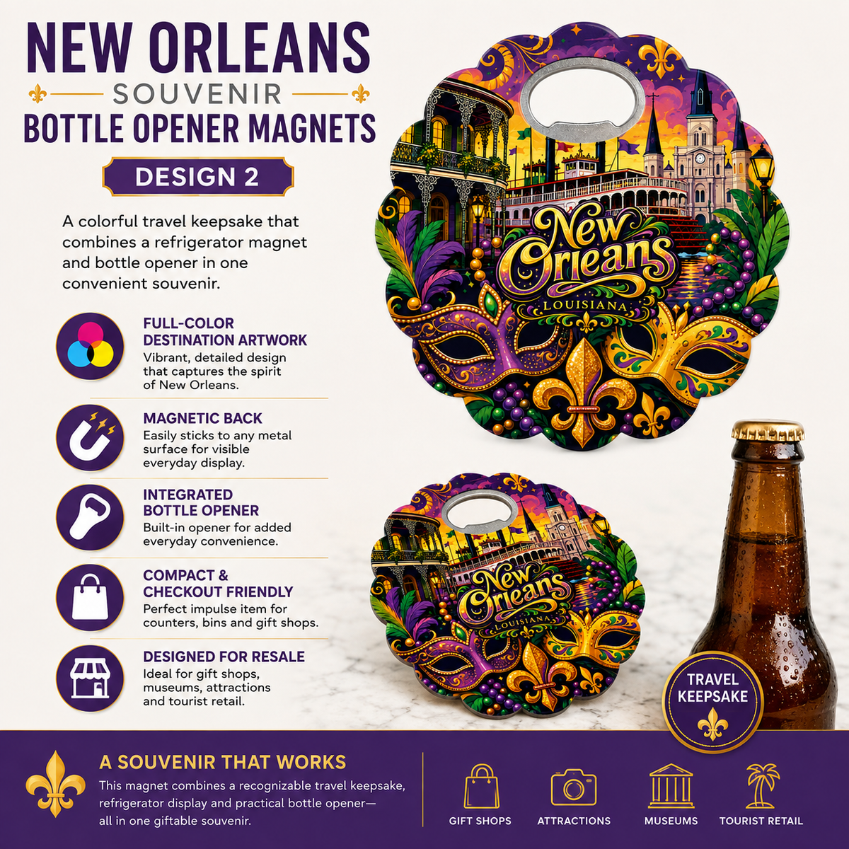 New Orleans souvenir bottle opener magnet features infographic