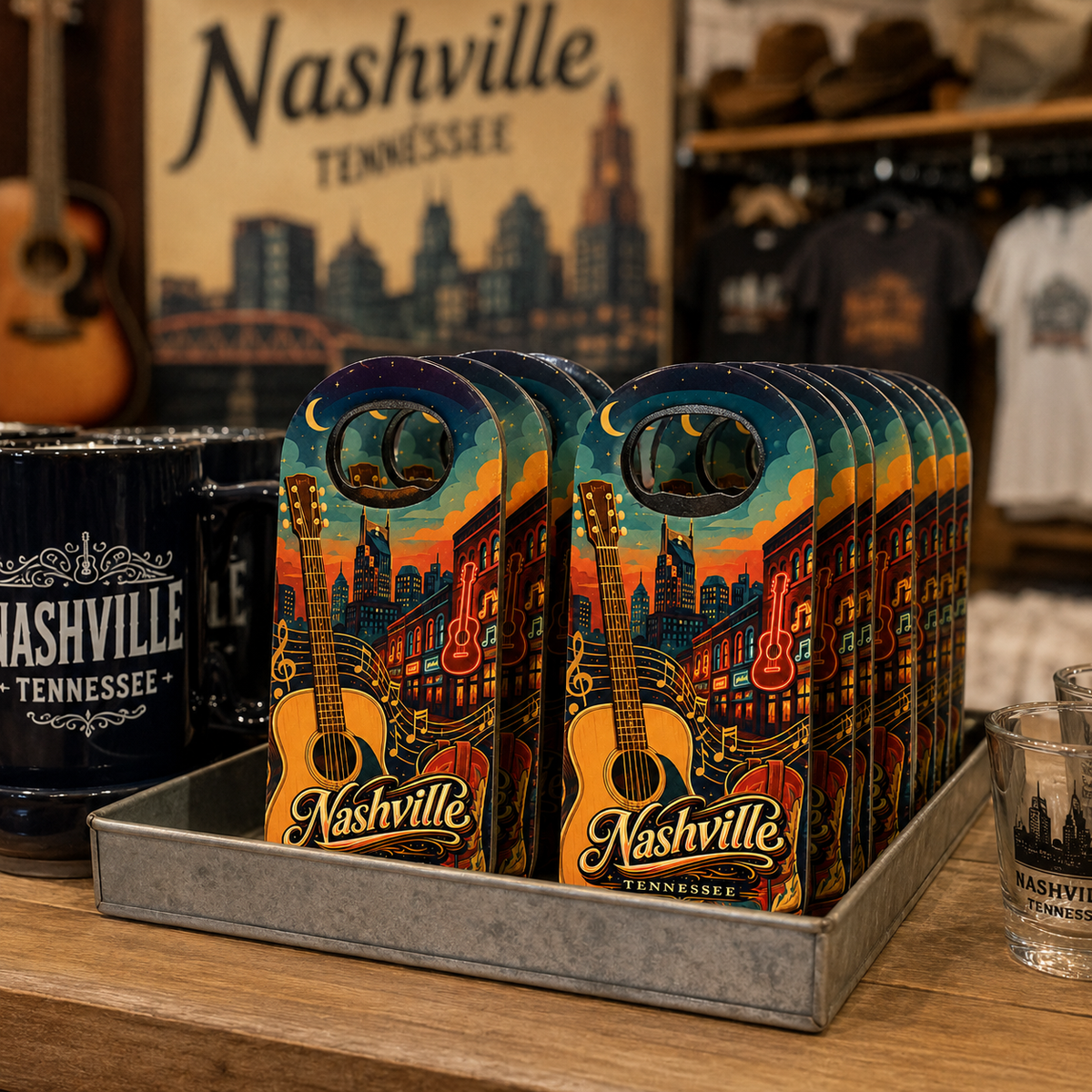 Nashville souvenir bottle opener magnet in a retail lifestyle setting