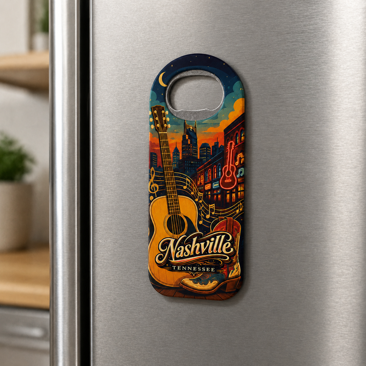 Nashville souvenir bottle opener magnet displayed on a refrigerator