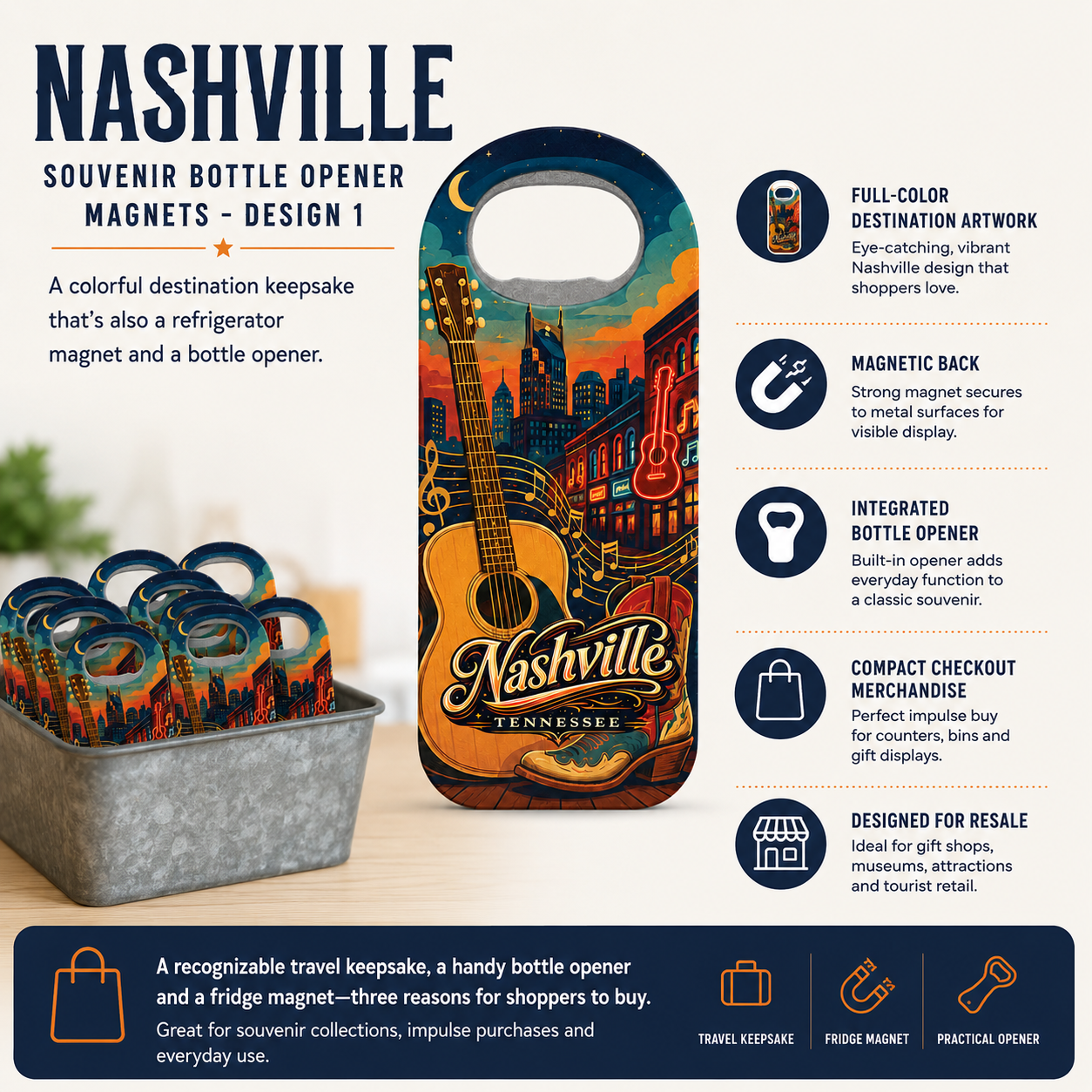 Nashville souvenir bottle opener magnet features infographic