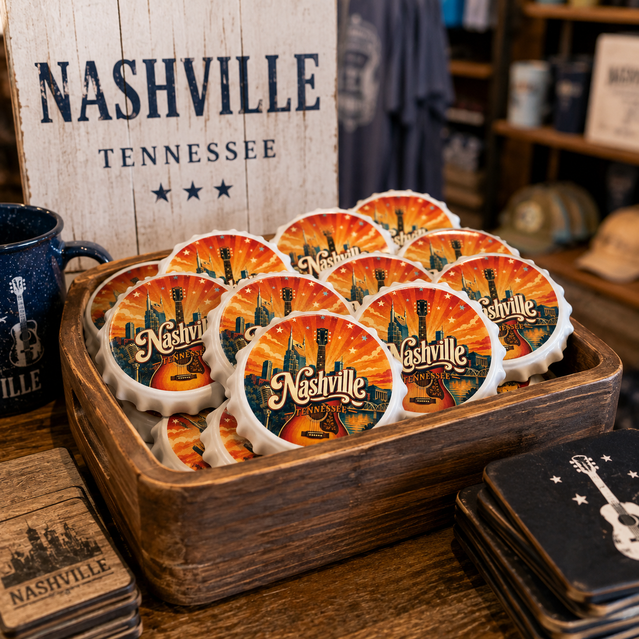 Nashville souvenir bottle opener magnet in a retail lifestyle setting