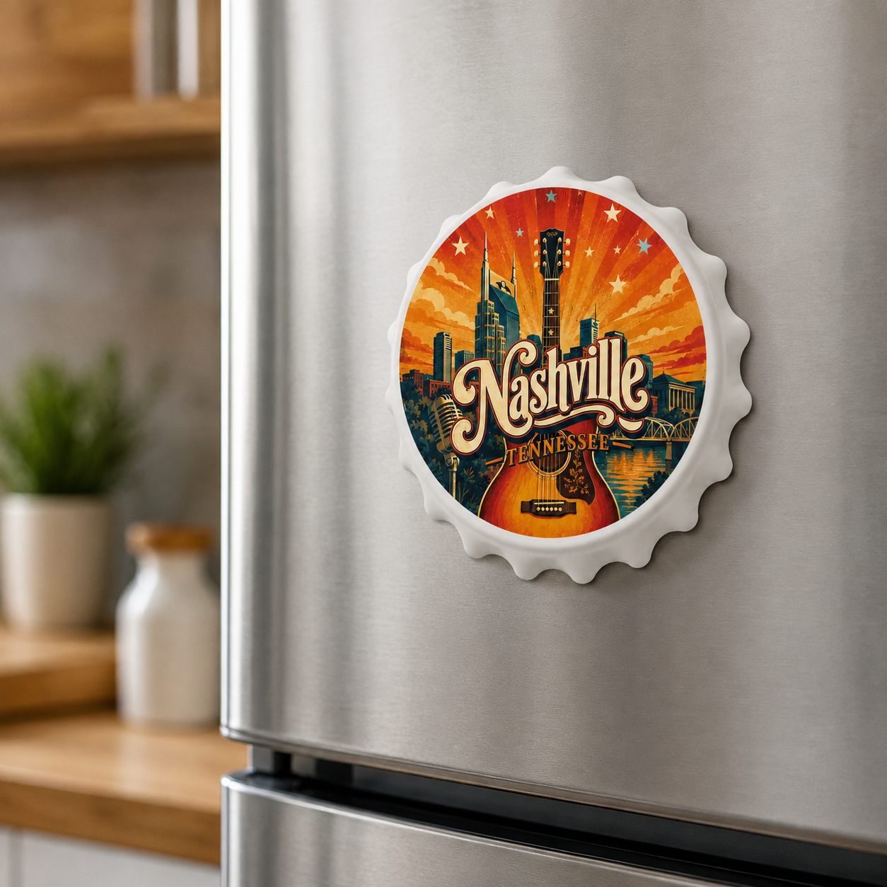 Nashville souvenir bottle opener magnet displayed on a refrigerator