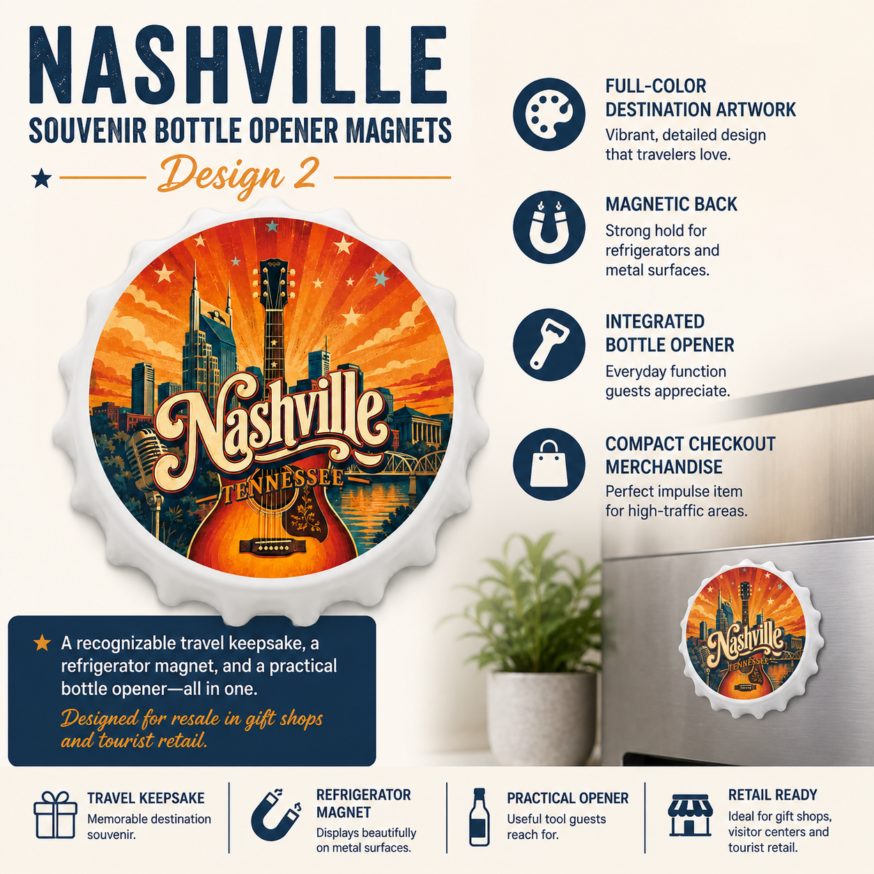 Nashville souvenir bottle opener magnet features infographic