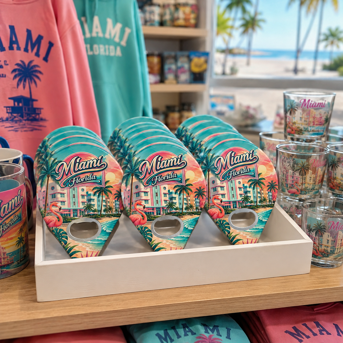 Miami souvenir bottle opener magnet in a retail lifestyle setting