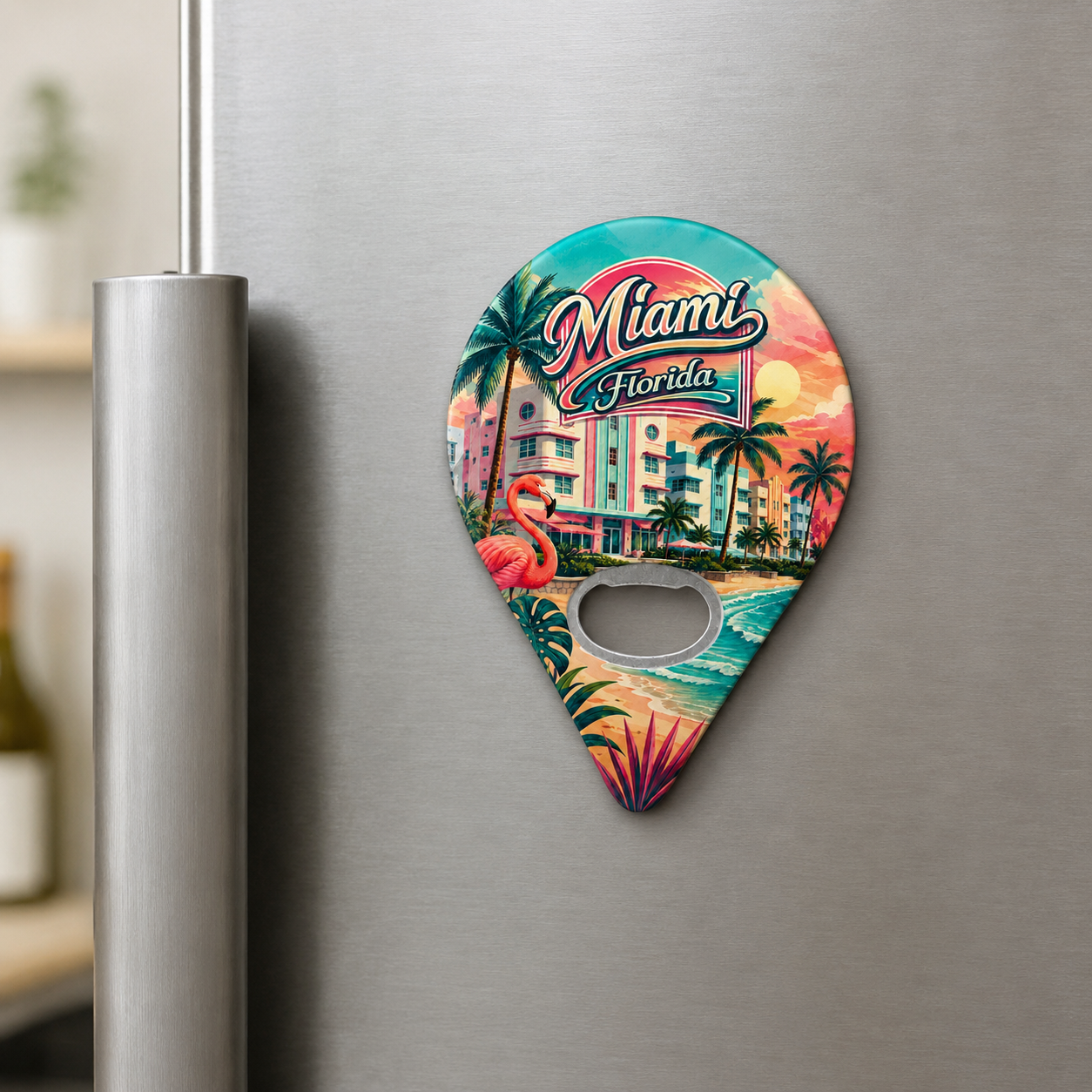 Miami souvenir bottle opener magnet displayed on a refrigerator