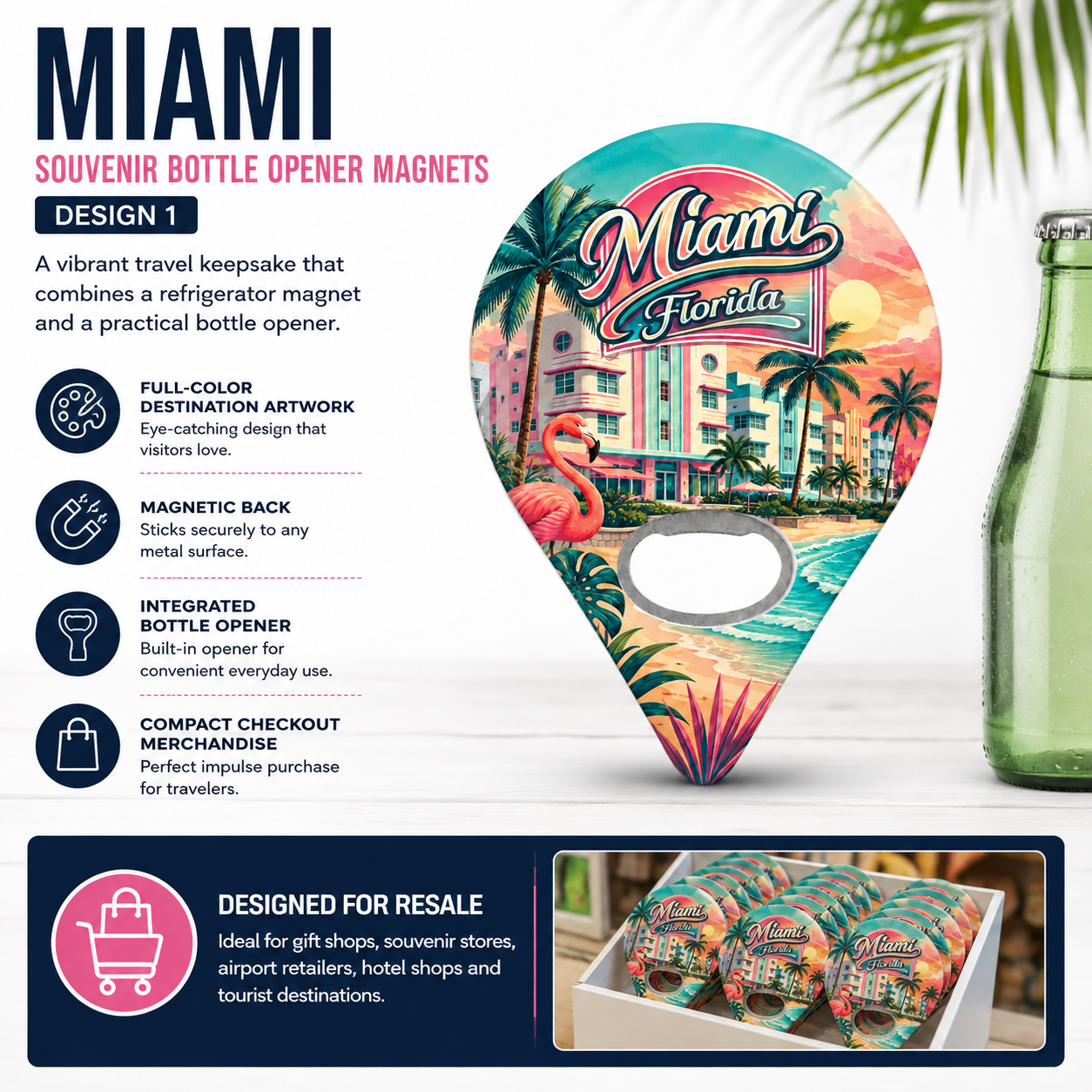 Miami souvenir bottle opener magnet features infographic