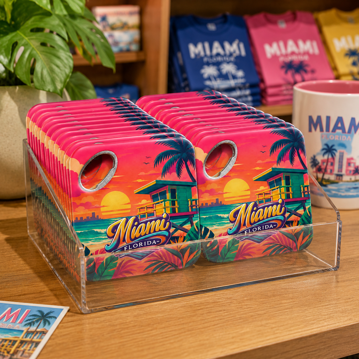 Miami souvenir bottle opener magnet in a retail lifestyle setting