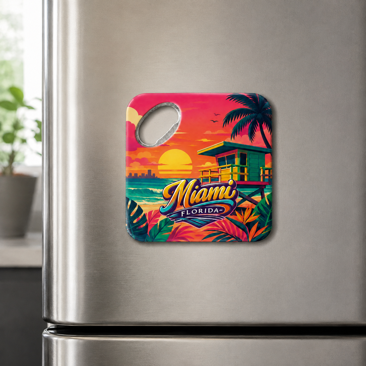 Miami souvenir bottle opener magnet displayed on a refrigerator