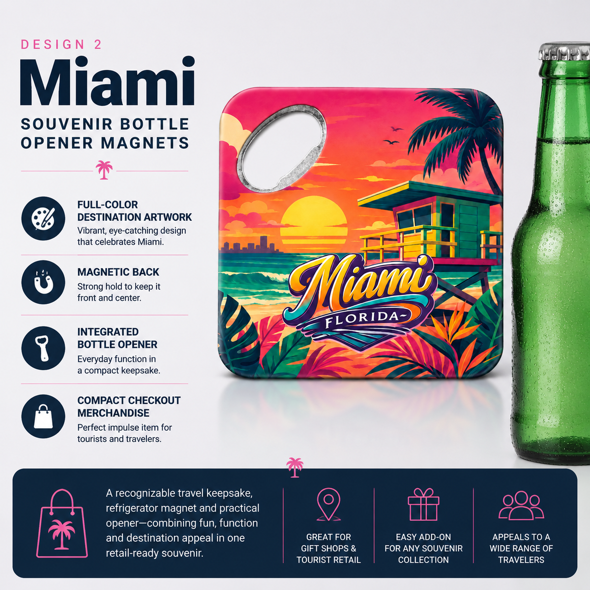 Miami souvenir bottle opener magnet features infographic