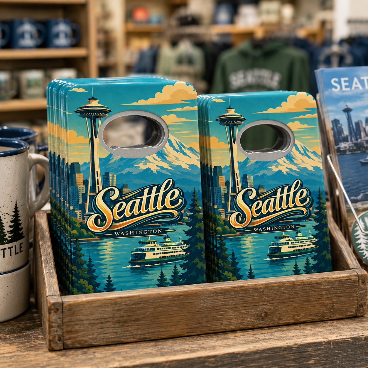 Seattle souvenir bottle opener magnet in a retail lifestyle setting