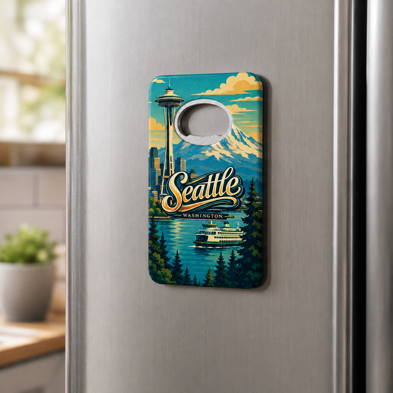 Seattle souvenir bottle opener magnet displayed on a refrigerator