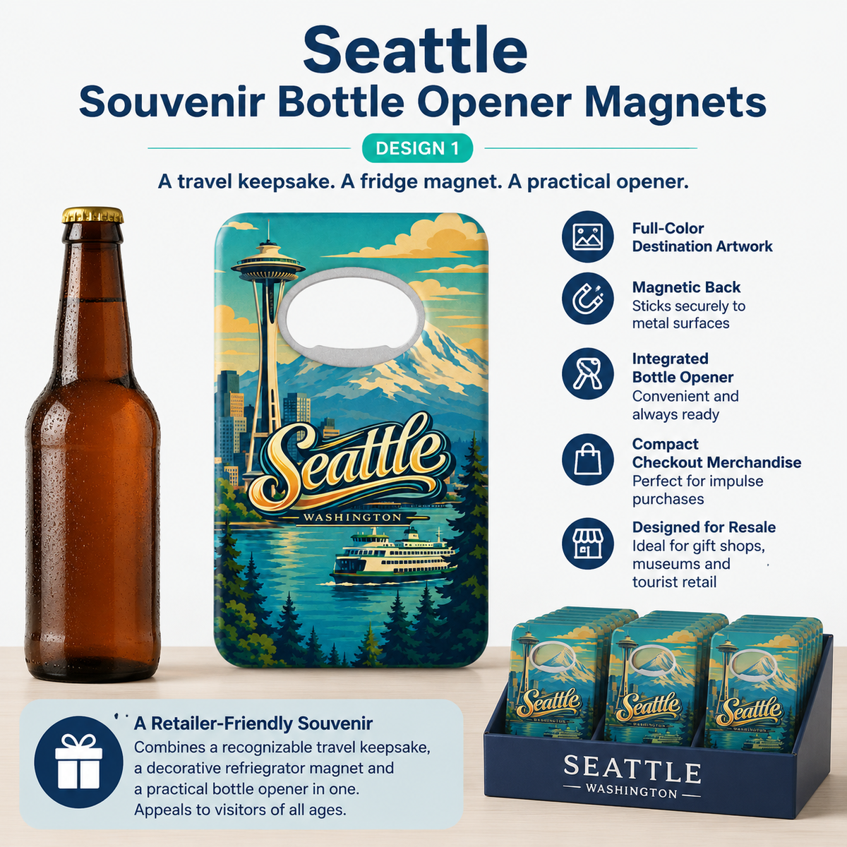 Seattle souvenir bottle opener magnet features infographic