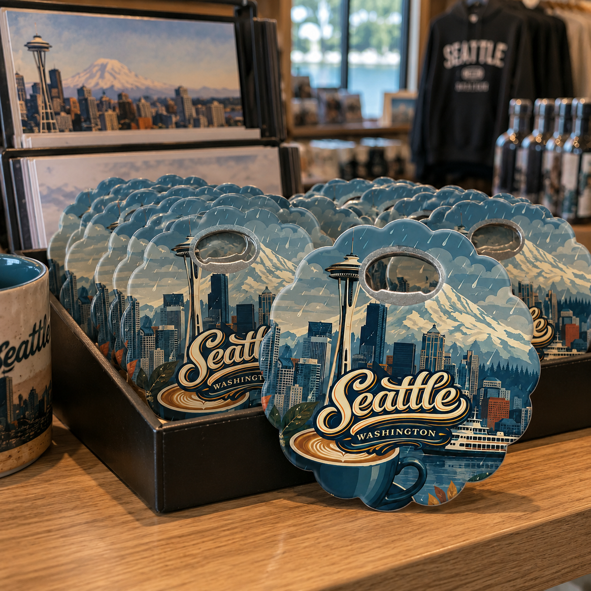 Seattle souvenir bottle opener magnet in a retail lifestyle setting