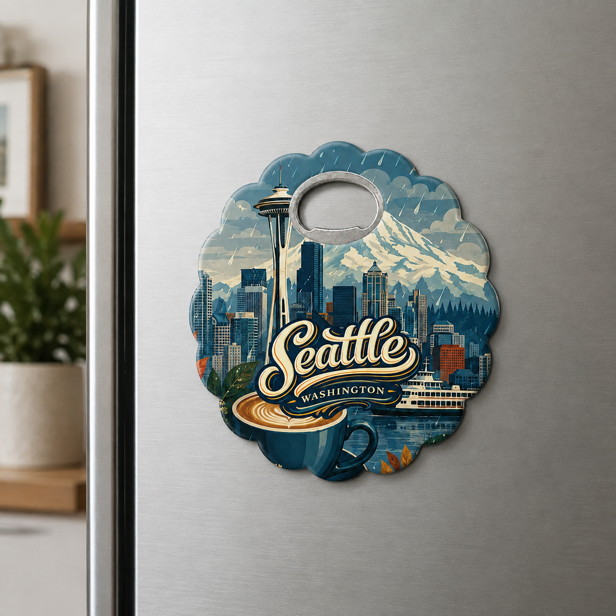 Seattle souvenir bottle opener magnet displayed on a refrigerator