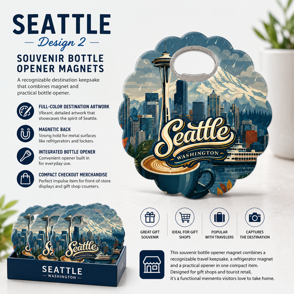 Seattle souvenir bottle opener magnet features infographic